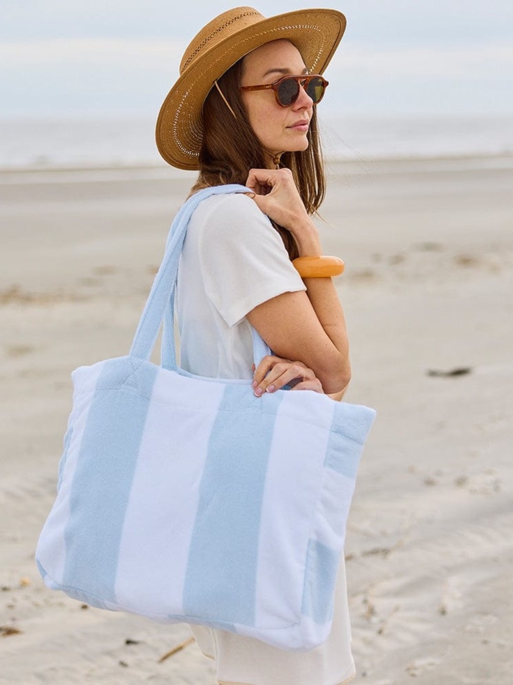 Weezie Light Blue Stripe Terry Cloth Beach Tote Bag NWOT